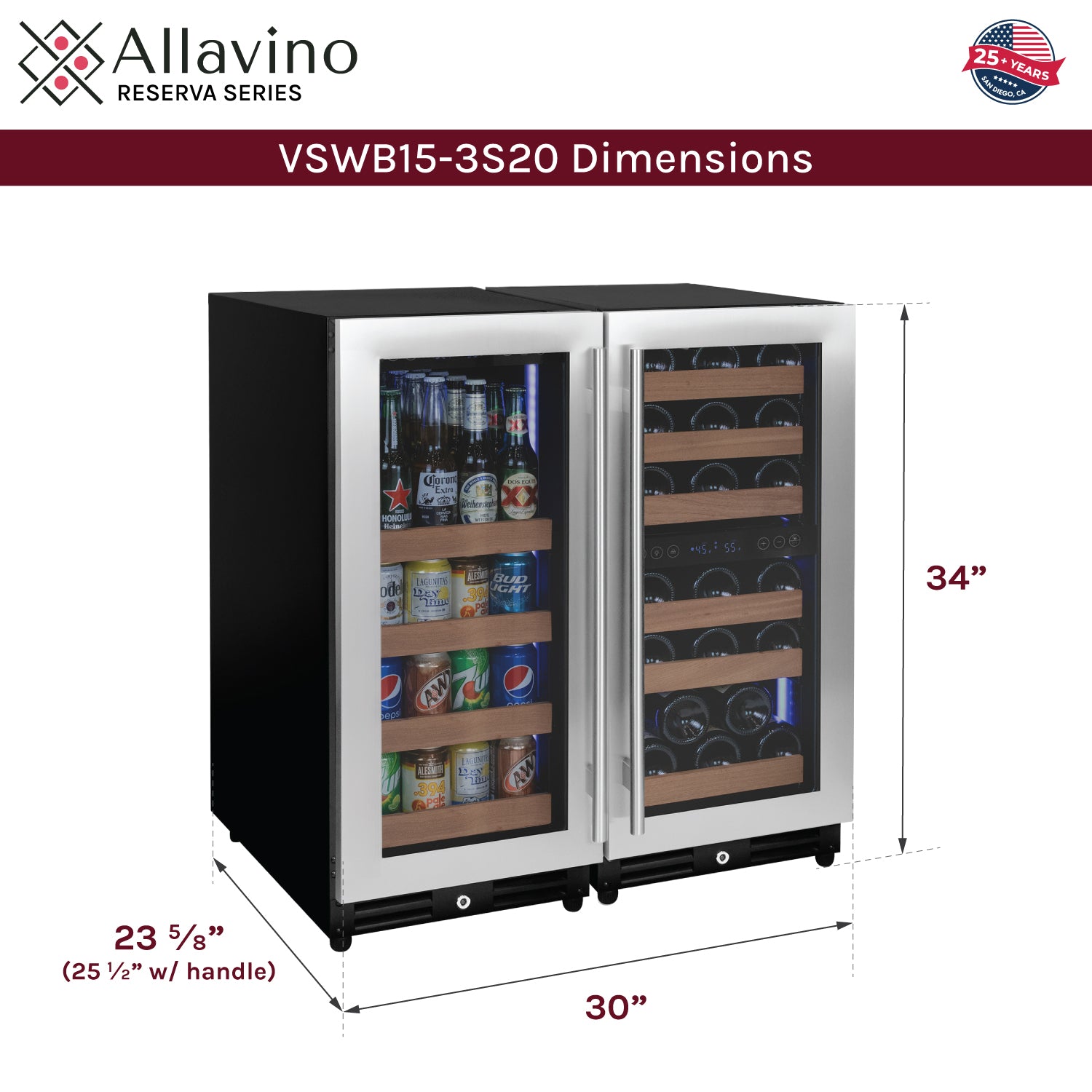 Allavino Reserva Series 30 Bottle/88 Can Dual Zone Side-by-Side Wine Refrigerator/Beverage Center with Stainless Steel Doors BF 3Z-VSWB15-3S20