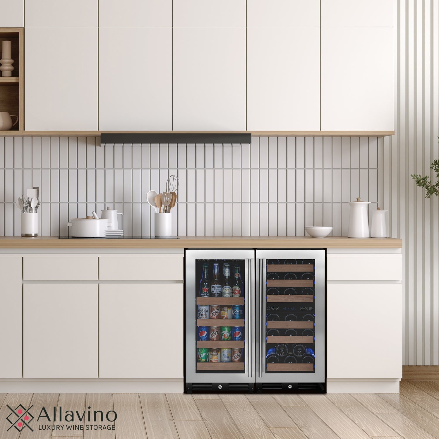 Allavino Reserva Series 30 Bottle/88 Can Dual Zone Side-by-Side Wine Refrigerator/Beverage Center with Stainless Steel Doors BF 3Z-VSWB15-3S20