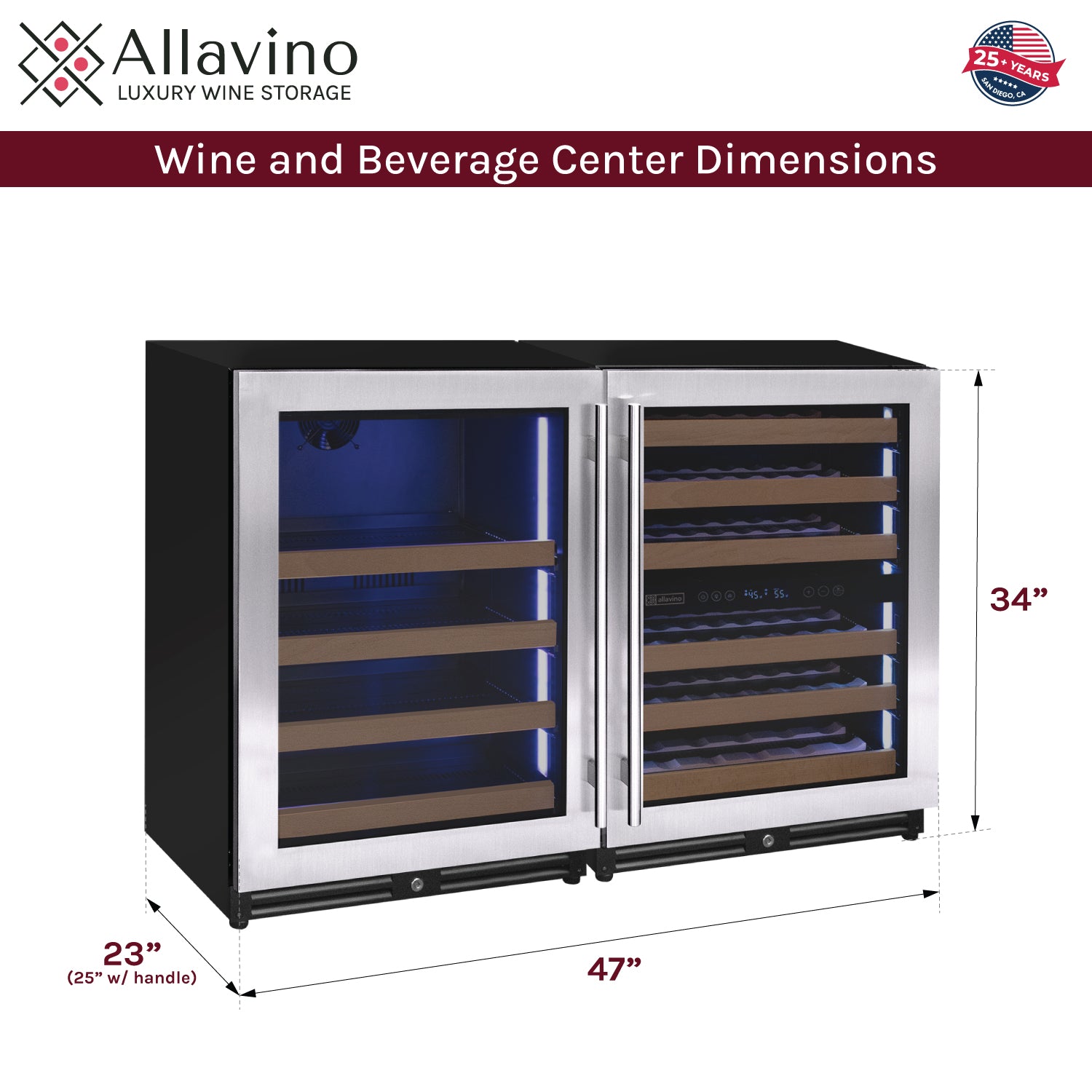 Allavino Reserva 47" Wide 51 Bottle/124 Can Stainless Steel Side-by-Side Three Zone Wine Refrigerator/Beverage Center BF 3Z-VSWB24L-3S