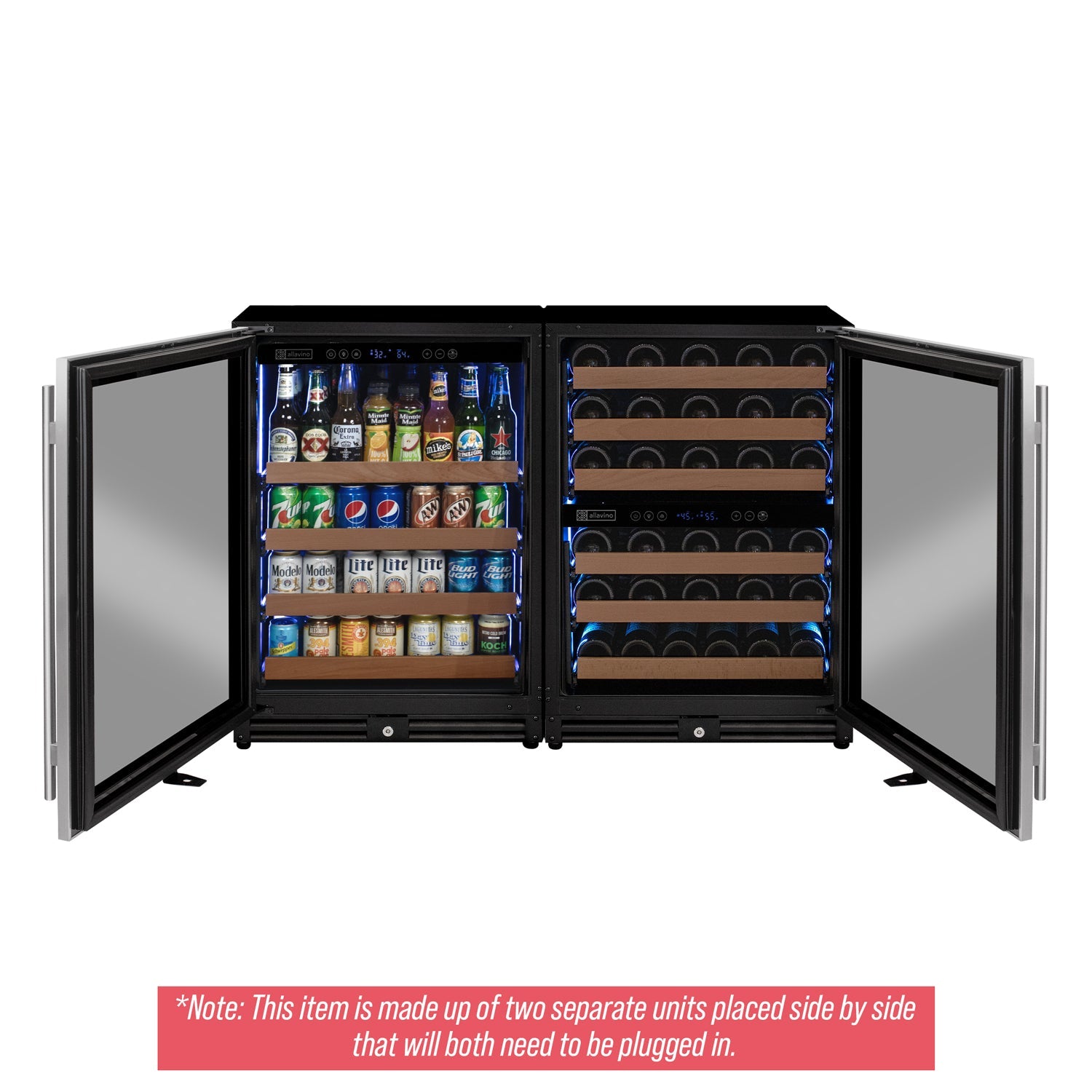 Allavino Reserva 47" Wide 51 Bottle/124 Can Stainless Steel Side-by-Side Three Zone Wine Refrigerator/Beverage Center BF 3Z-VSWB24L-3S
