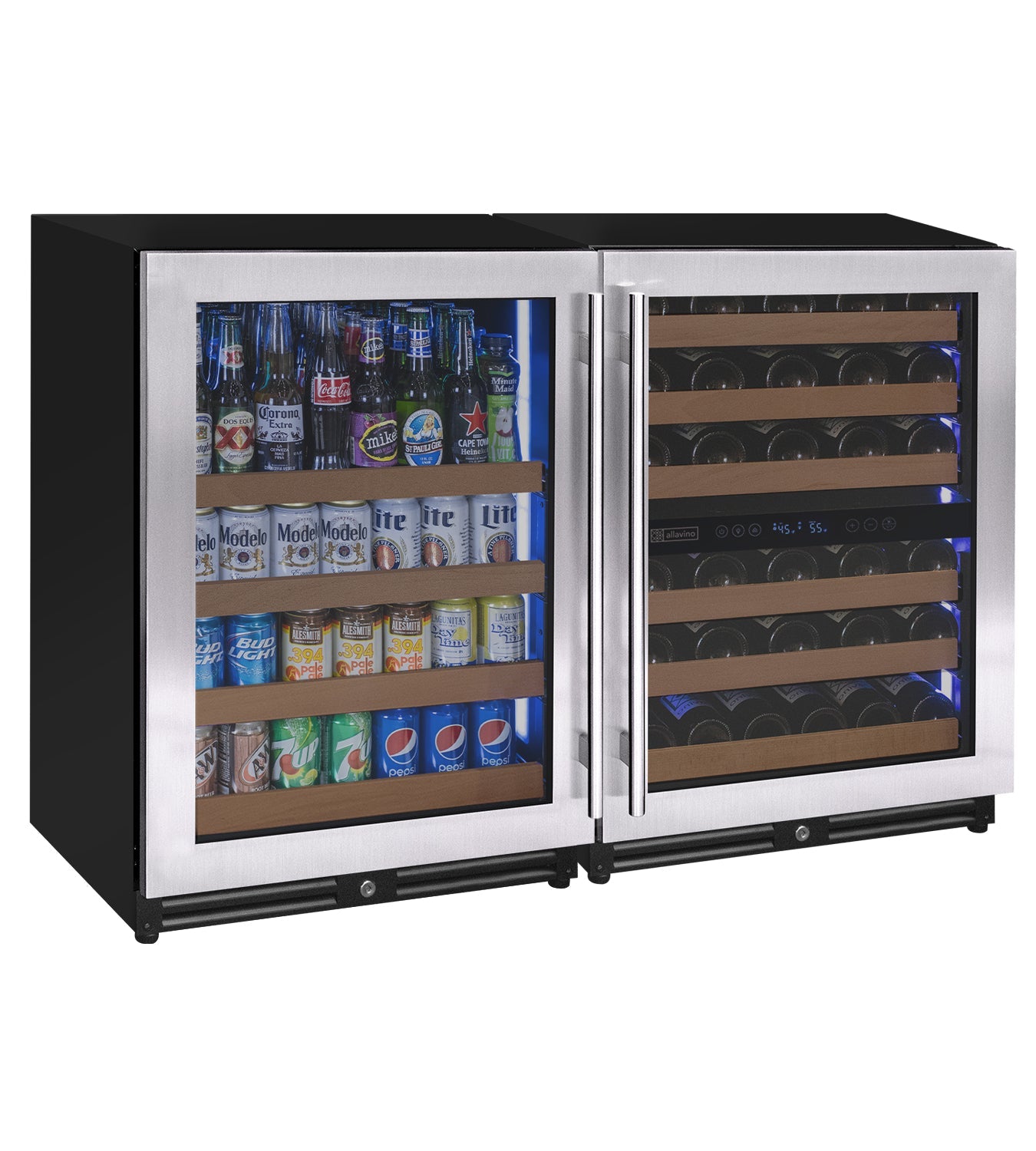 Allavino Reserva 47" Wide 51 Bottle/124 Can Stainless Steel Side-by-Side Three Zone Wine Refrigerator/Beverage Center BF 3Z-VSWB24L-3S