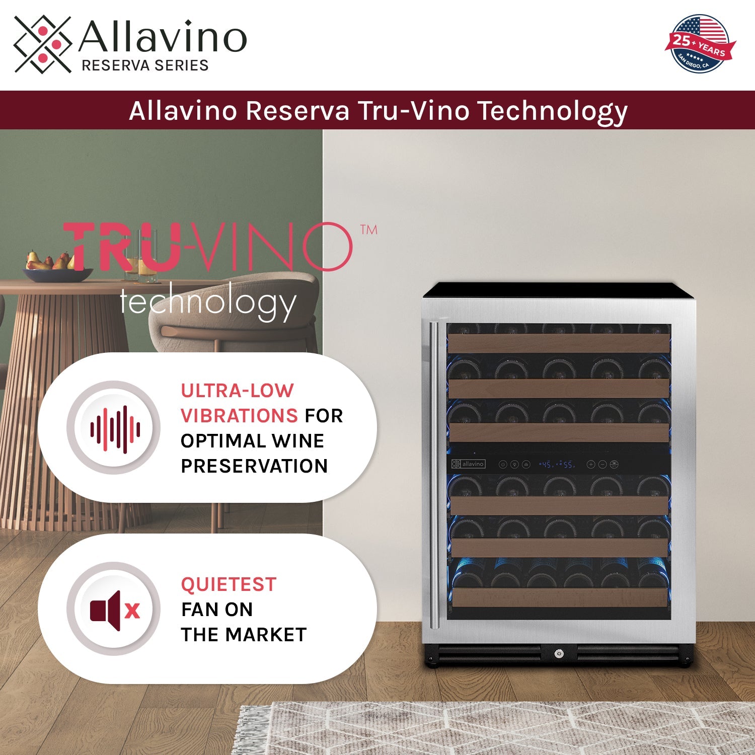 Allavino Reserva 47" Wide 51 Bottle/124 Can Stainless Steel Side-by-Side Three Zone Wine Refrigerator/Beverage Center BF 3Z-VSWB24L-3S