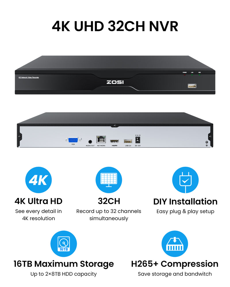 Zosi C296B/C225 32 Channel 4K PT PoE Security Camera System for Business