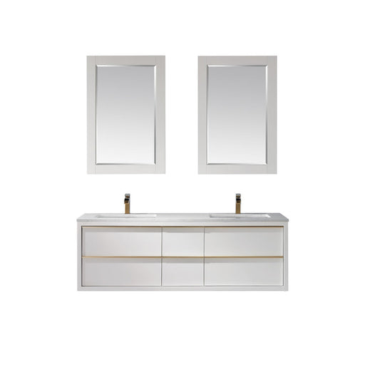 Altair Morgan 60" Double Bathroom Vanity Set in White and Composite Aosta White Stone Countertop