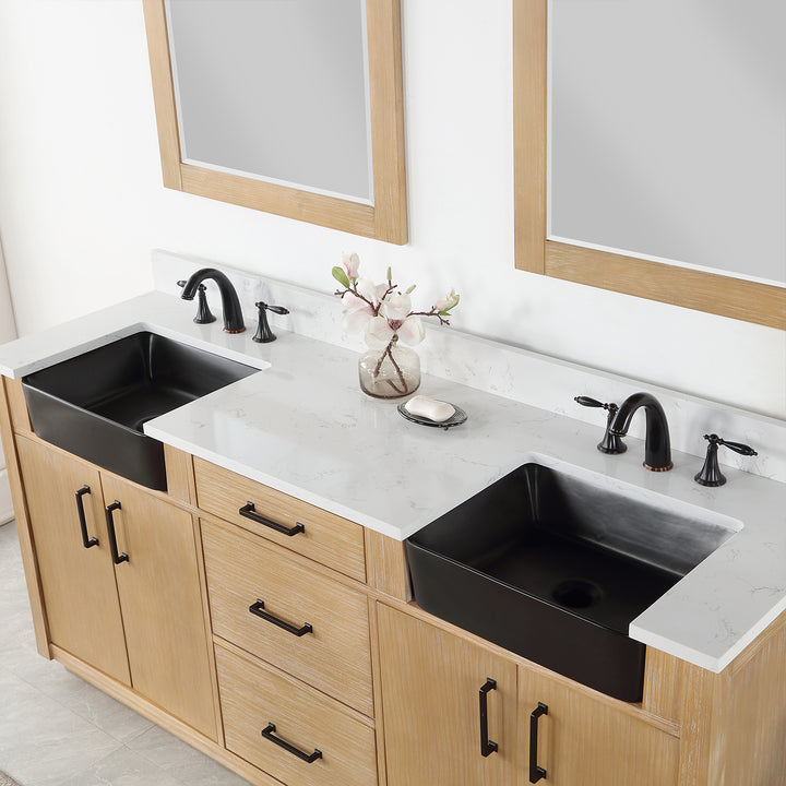Altair Novago 72" Double Bathroom Vanity Set with Composite Aosta White Stone Countertop and Farmhouse Sink