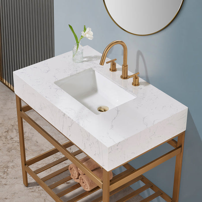 Altair Merano 36" Single Stainless Steel Vanity Console with Aosta White Stone Countertop