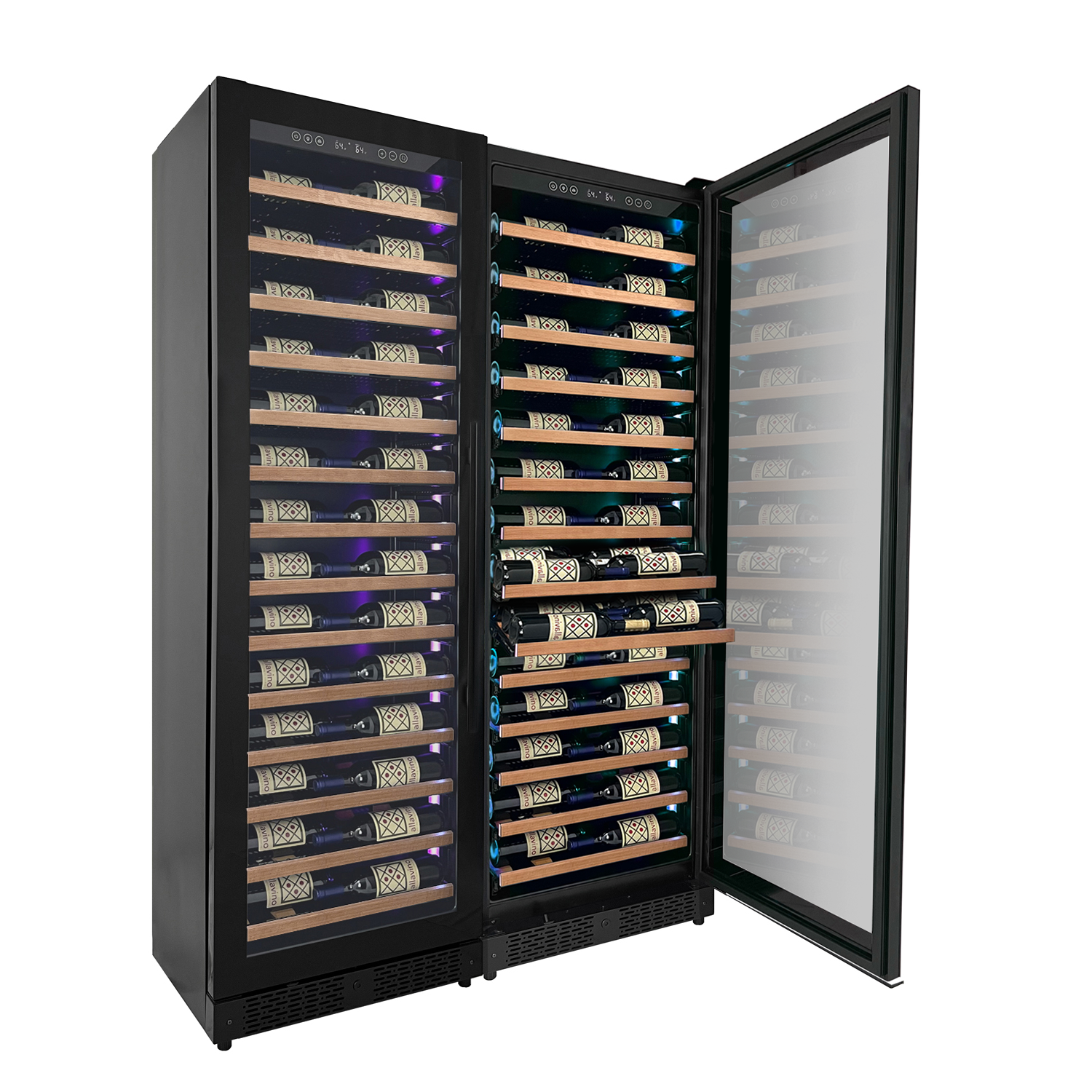 Allavino Reserva Series 134 Bottle 71" Tall Dual Zone Black Side-by-Side Shallow Wine Refrigerator with Wood Front Shelves BF 2X-VSW6771S-1B-W