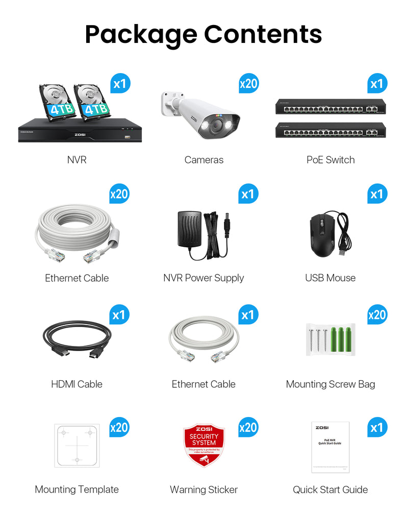ZosiC182 32 Channel 4K PoE Security Camera System for Business +Up To 16TB HDD