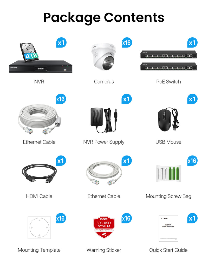 Zosi C225 32 Channel 4K PoE Security Camera System for Business + Up To 16TB HDD