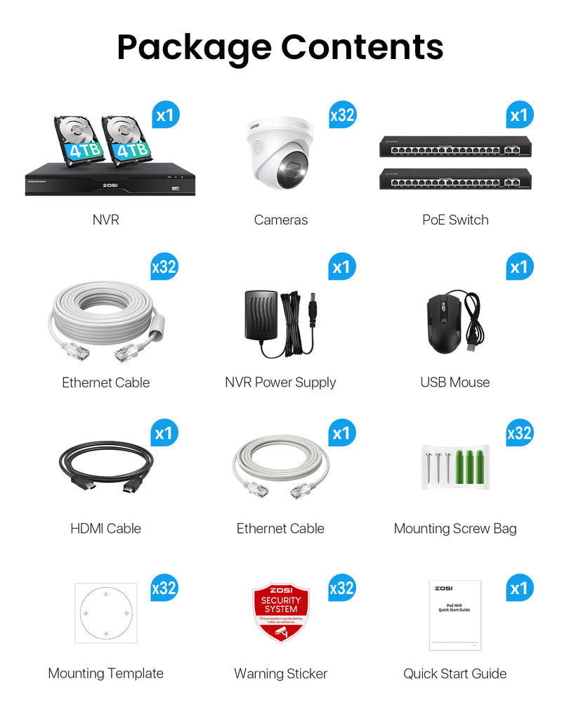 Zosi C225 32 Channel 4K PoE Security Camera System for Business + Up To 16TB HDD
