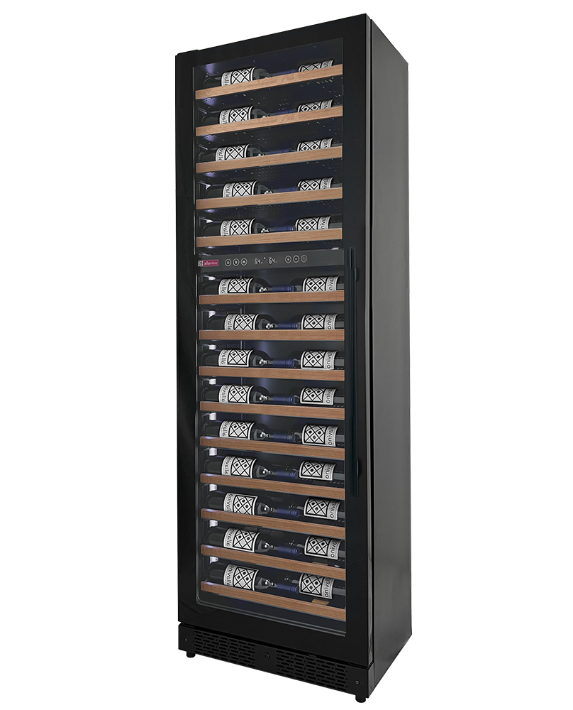 Allavino Reserva Series 67 Bottle 71" Tall Dual Zone Left Hinge Black Shallow Wine Refrigerator with Wood Front Shelves AO VSW6771D-2BL-WD