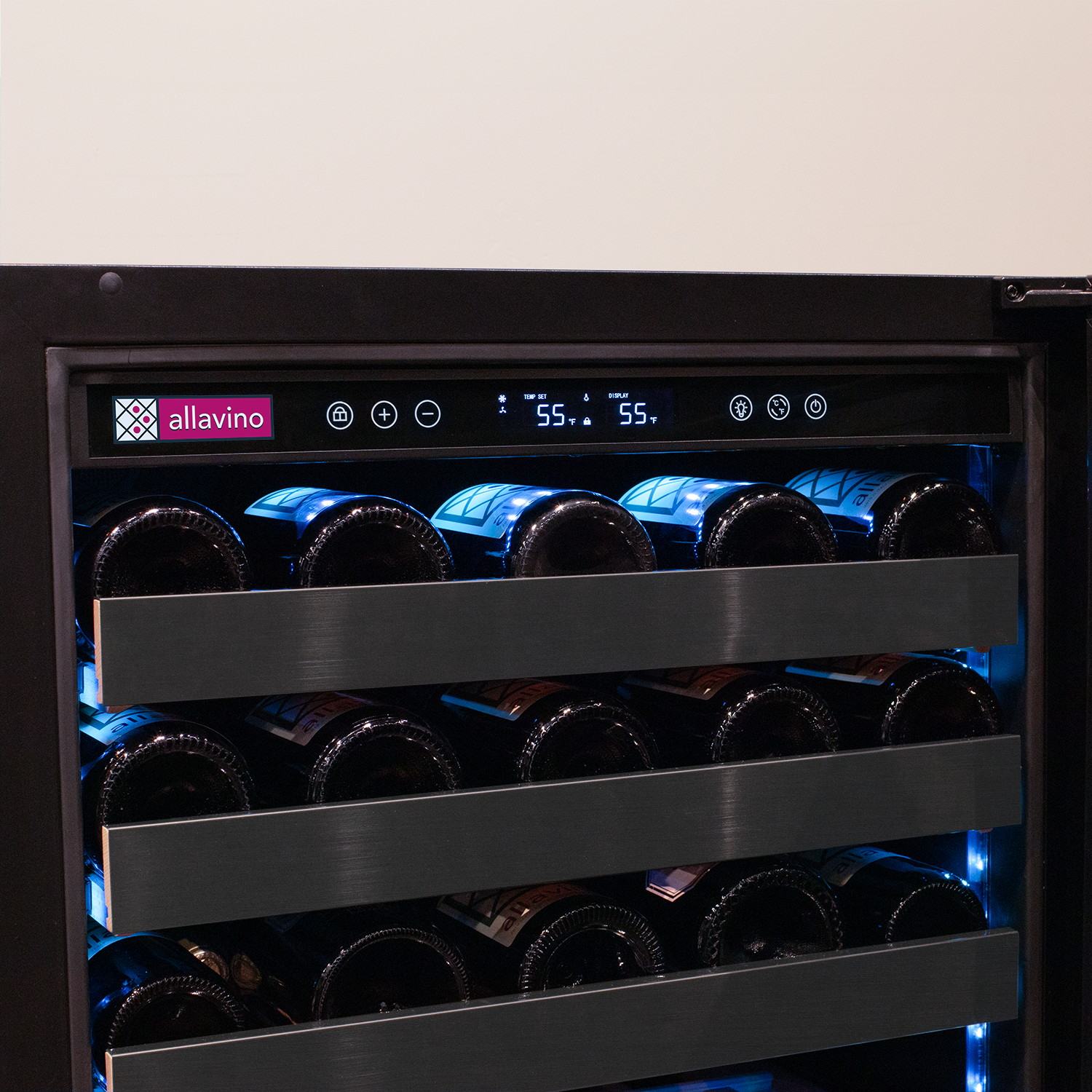 Allavino Reserva Series 50 Bottle 34" Tall Single Zone Left Hinge Black Stainless Steel Wine Cooler Refrigerator BF BDW5034S-1BSL