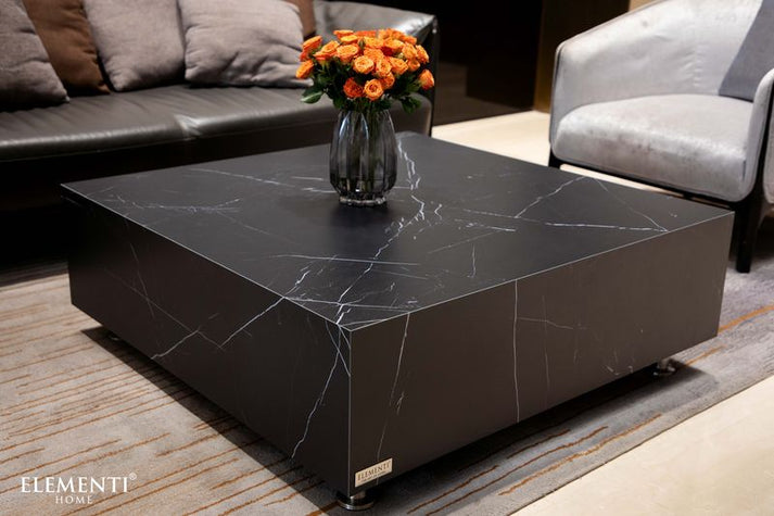 Elementi Home Sofia 40" Medium Square Bulgaria Black Marble Porcelain Coffee Table FCP01-BB