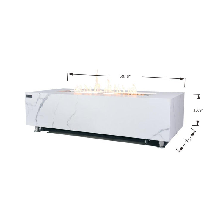 Elementi Plus Carrara 28" Rectangle Bianco White Marble Porcelain Liquid Propane Fire Table OFP121BW-LP