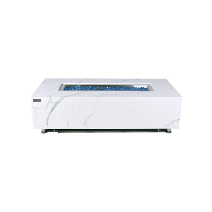 Elementi Plus Carrara 28" Rectangle Bianco White Marble Porcelain Liquid Propane Fire Table OFP121BW-LP