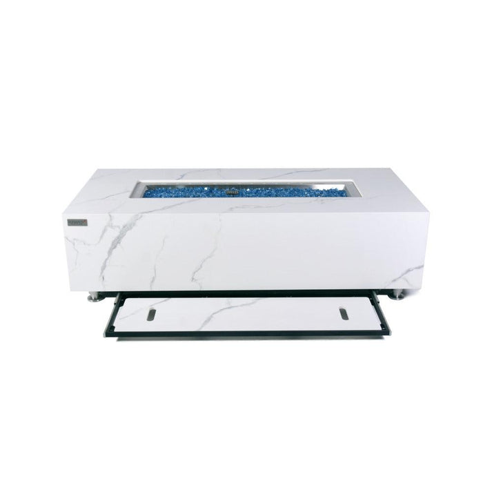 Elementi Plus Carrara 28" Rectangle Bianco White Marble Porcelain Liquid Propane Fire Table OFP121BW-LP