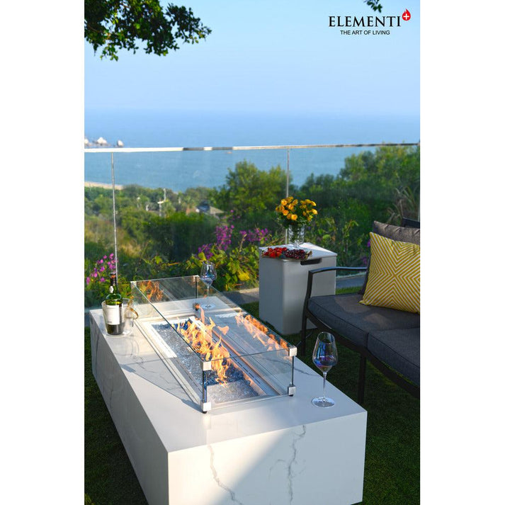 Elementi Plus Carrara 28" Rectangle Bianco White Marble Porcelain Liquid Propane Fire Table OFP121BW-LP