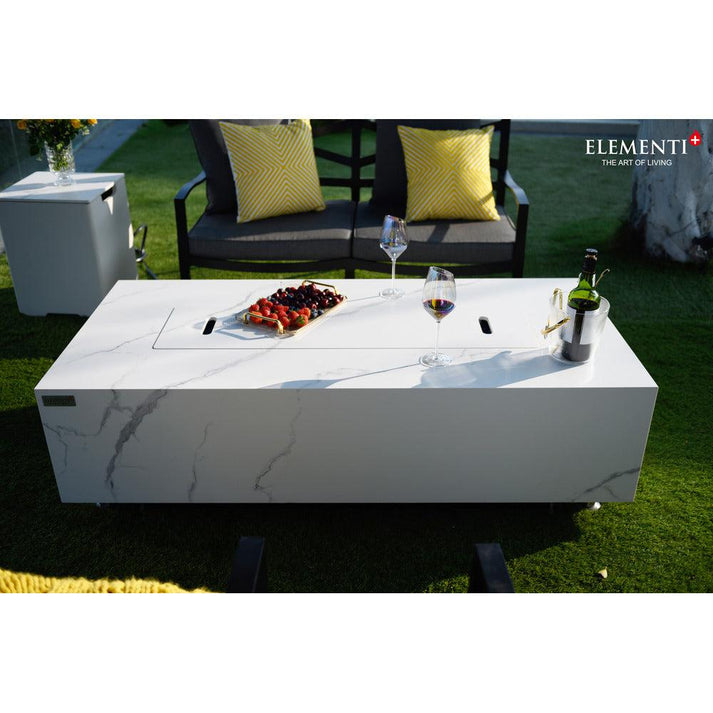 Elementi Plus Carrara 28" Rectangle Bianco White Marble Porcelain Liquid Propane Fire Table OFP121BW-LP