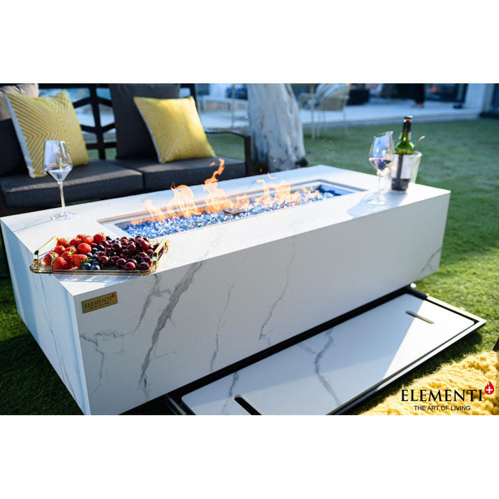 Elementi Plus Carrara 28" Rectangle Bianco White Marble Porcelain Liquid Propane Fire Table OFP121BW-LP