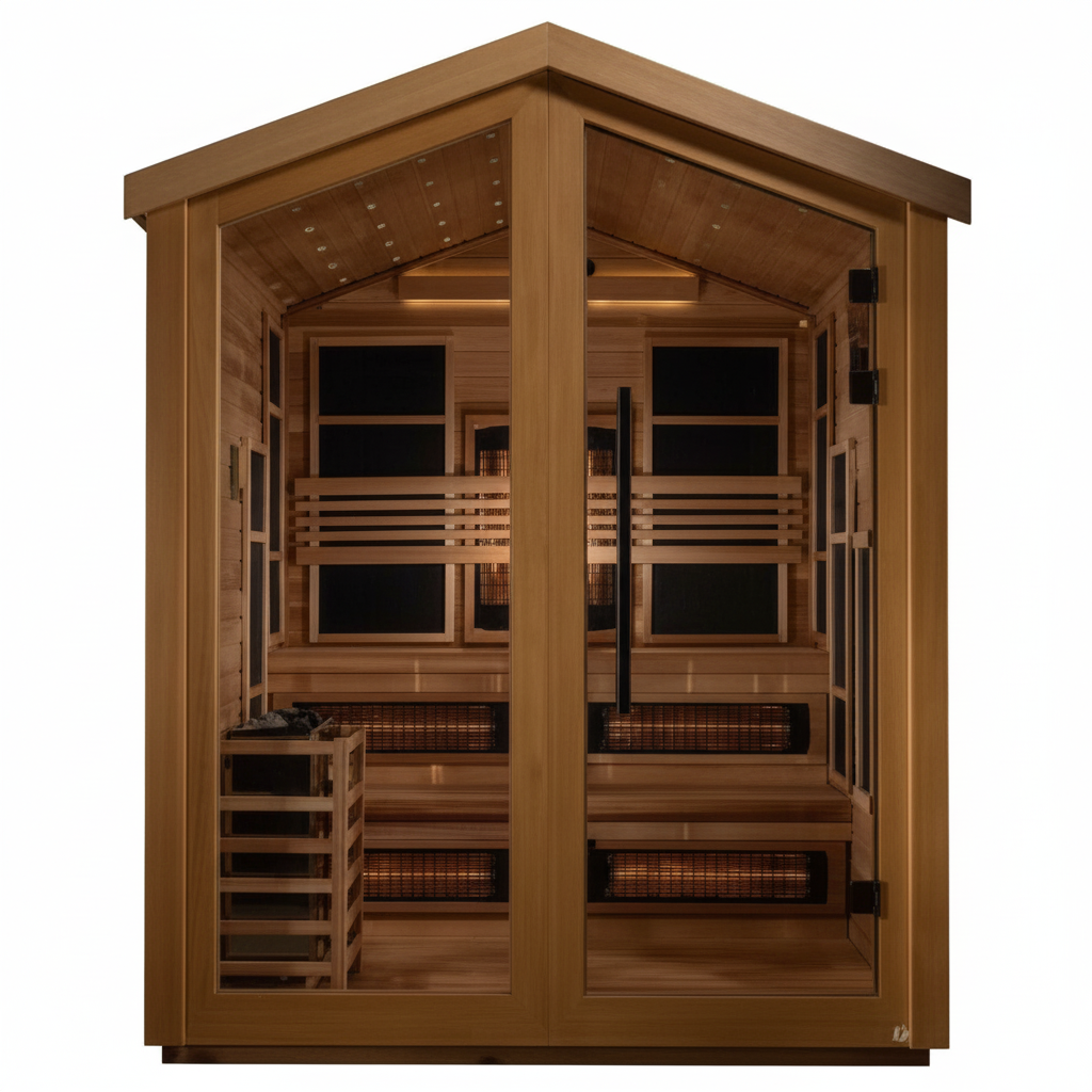 Golden Designs Kaskinen 6 Person Hybrid (PureTech™ Full Spectrum IR or Traditional Stove) Outdoor Sauna (GDI-8526-03) - Canadian Red Cedar Interior, 2 Tone Finish