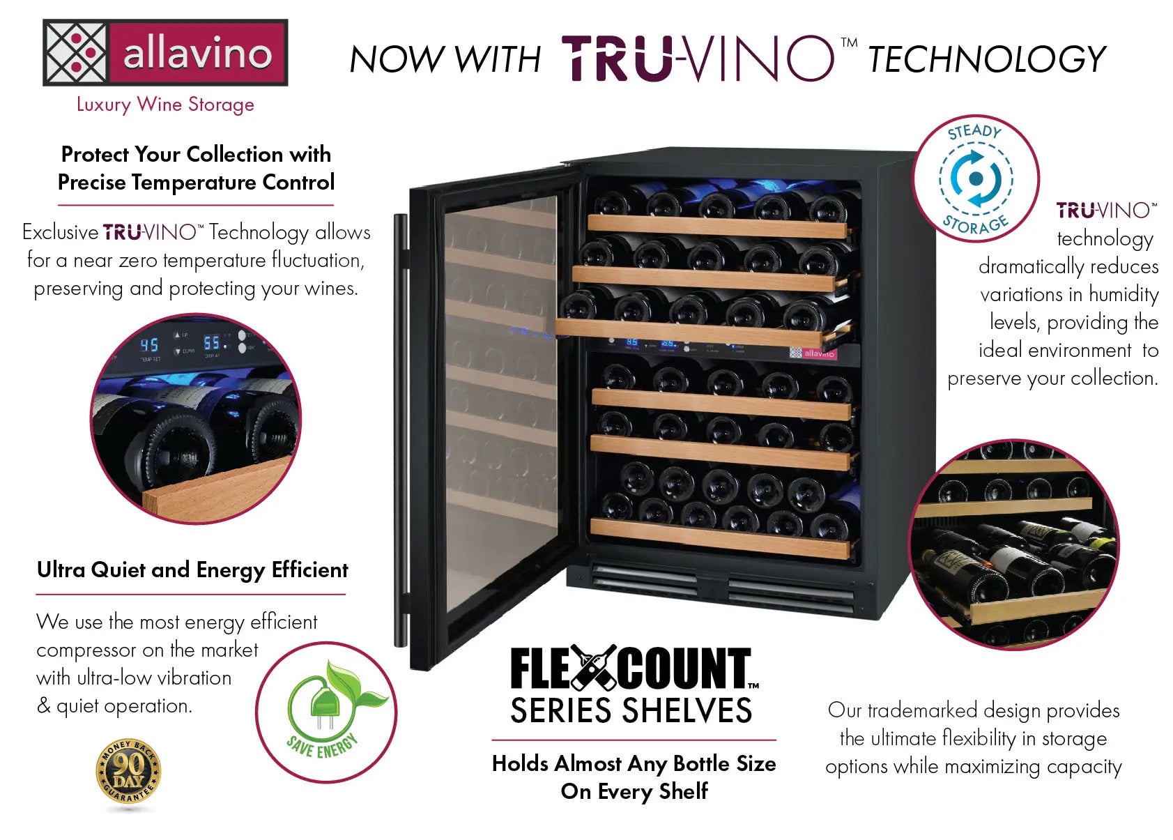 Allavino 24" Wide FlexCount II Tru-Vino 56 Bottle Dual Zone Black Left Hinge Wine Refrigerator AO VSWR56-2BL20
