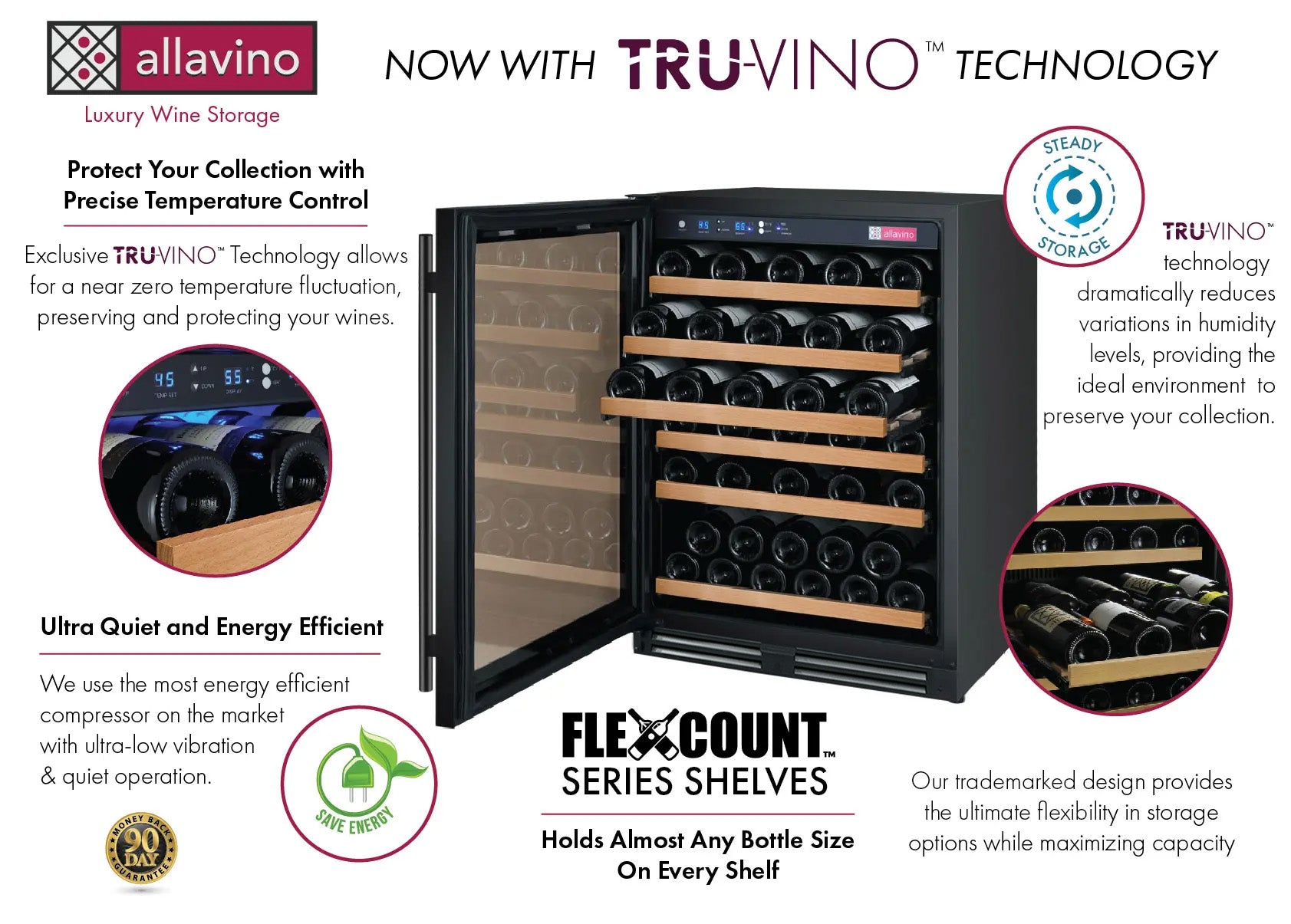 Allavino 24" Wide FlexCount II Tru-Vino 56 Bottle Single Zone Black Left Hinge Wine Refrigerator AO VSWR56-1BL20