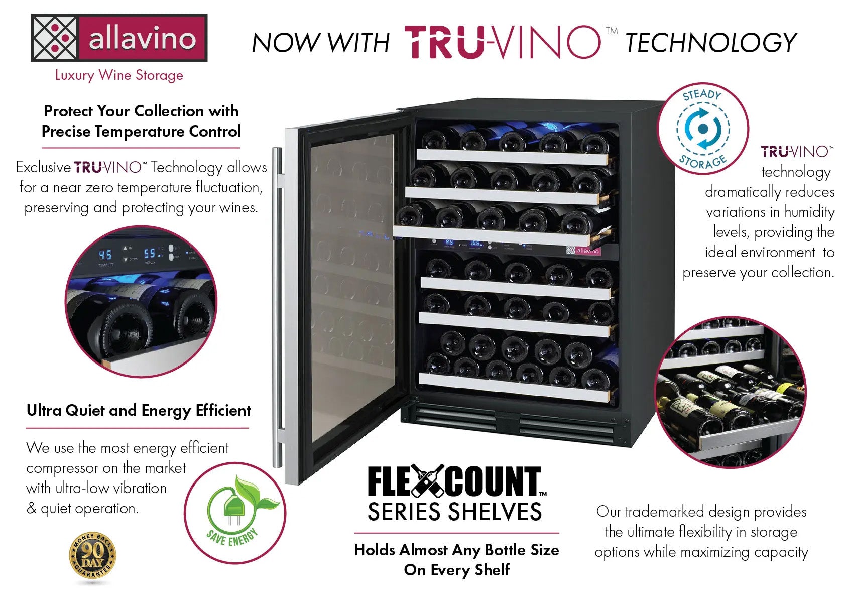 Allavino 24" Wide FlexCount II Tru Vino 56 Bottle Dual Zone Stainless Steel Left Hinge Wine Refrigerator  AO VSWR56-2SL20