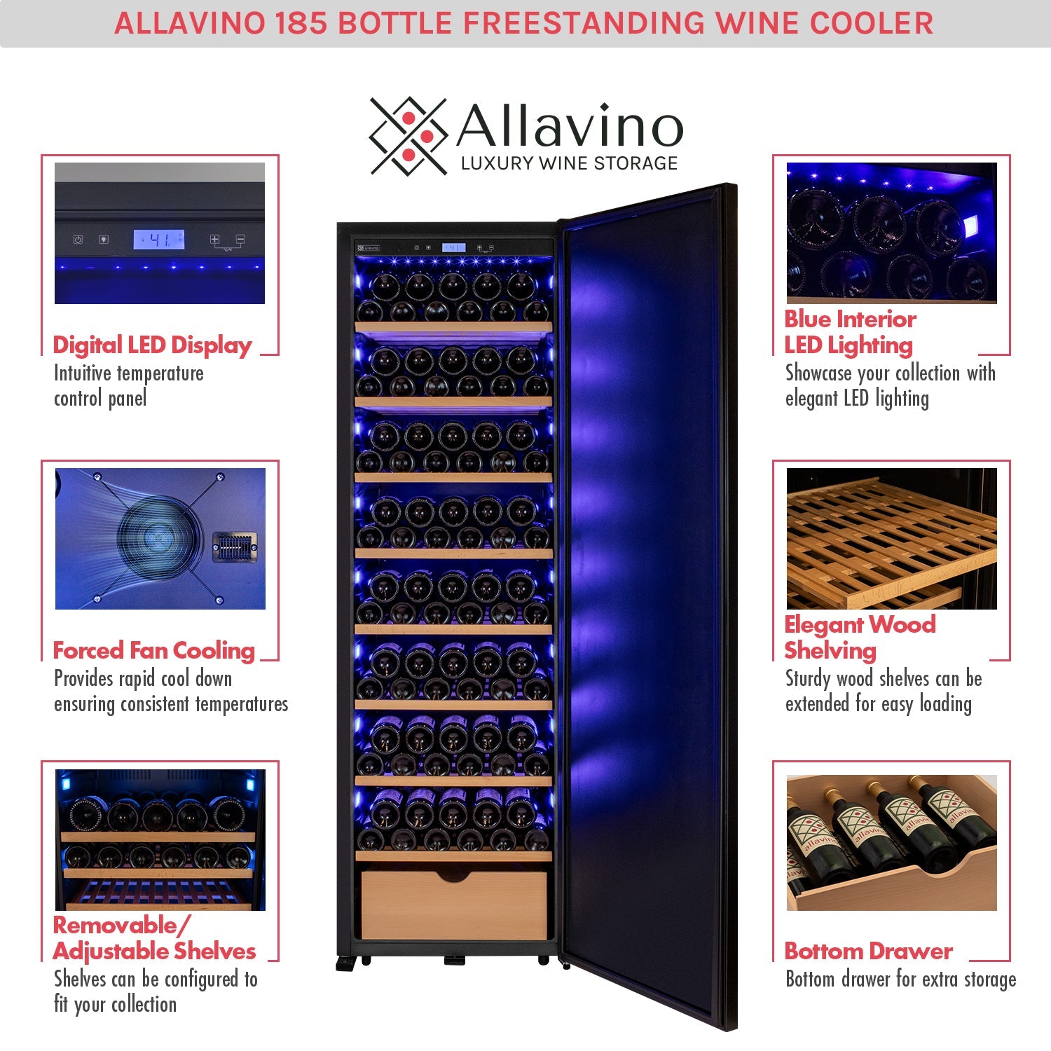 Allavino 76.5" Tall Single Zone Wine Vault with Solid Black Right Hinge Door  AO KWR-8185-1SDR