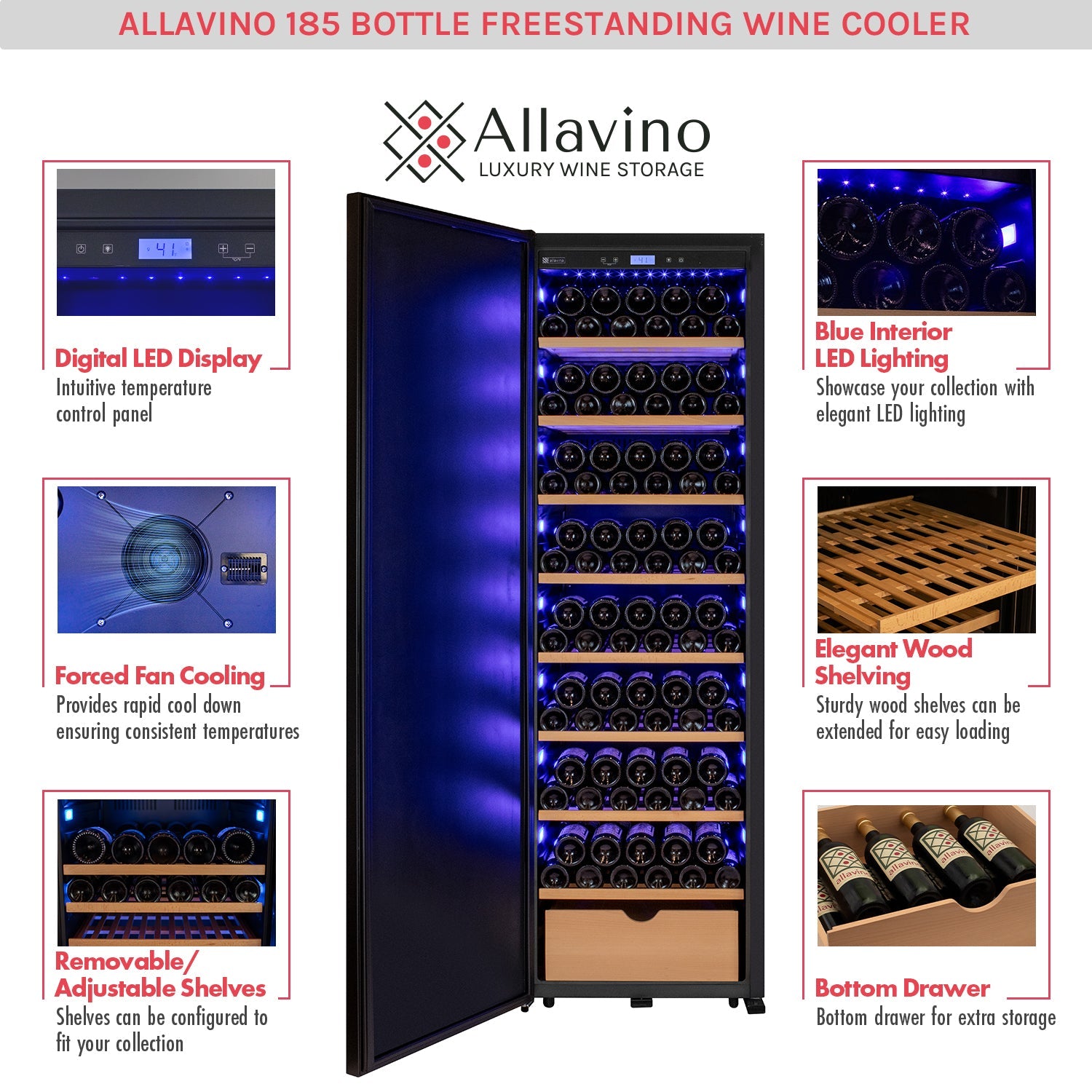 Allavino 76.5" Tall Single Zone Wine Vault with Solid Black Left Hinge Door  AO KWR-8185-1SDL