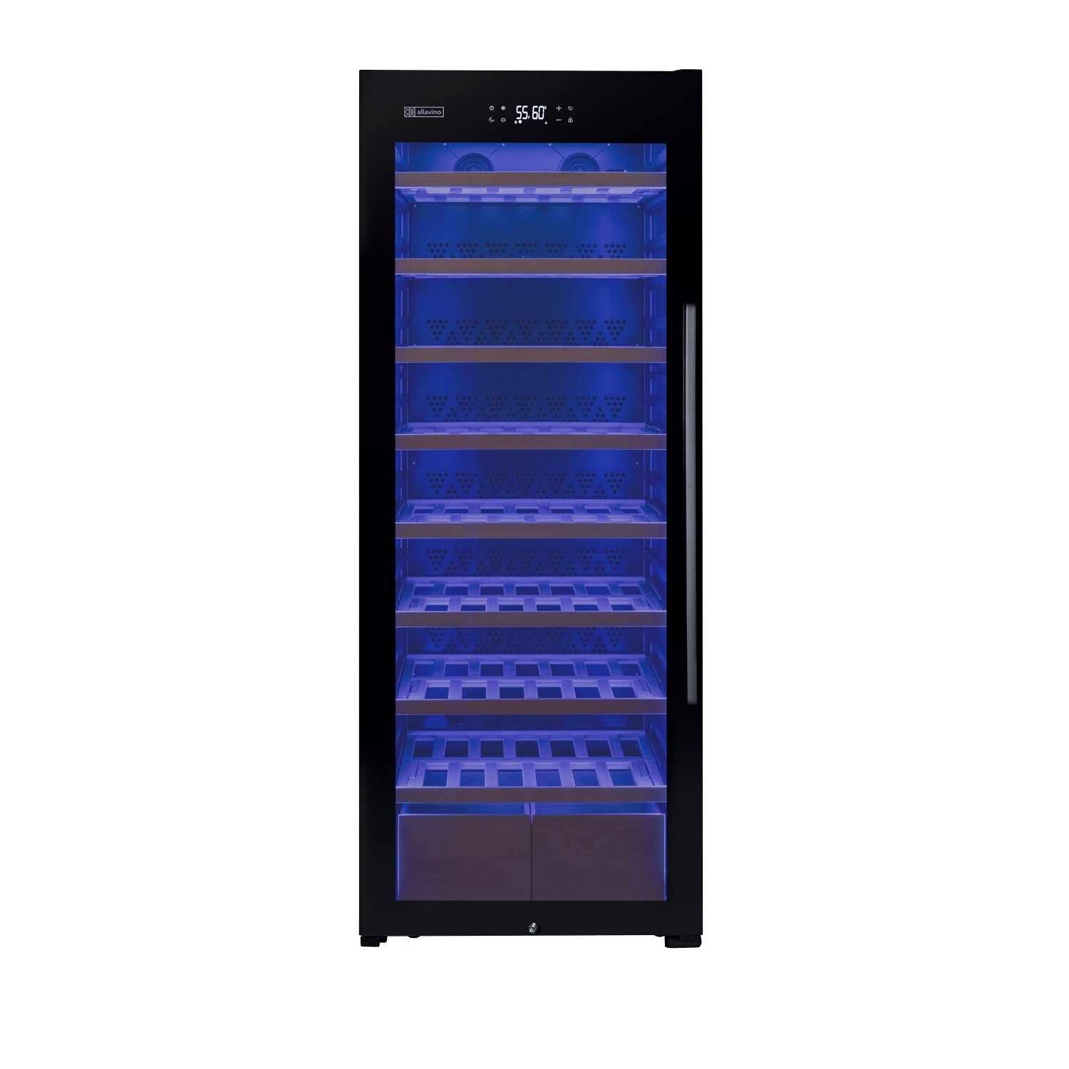Allavino 29" Wide 248 Bottle Single Zone Black Glass Left Hinge Wine Refrigerator with Display Shelving AO KWR248S-1BGL