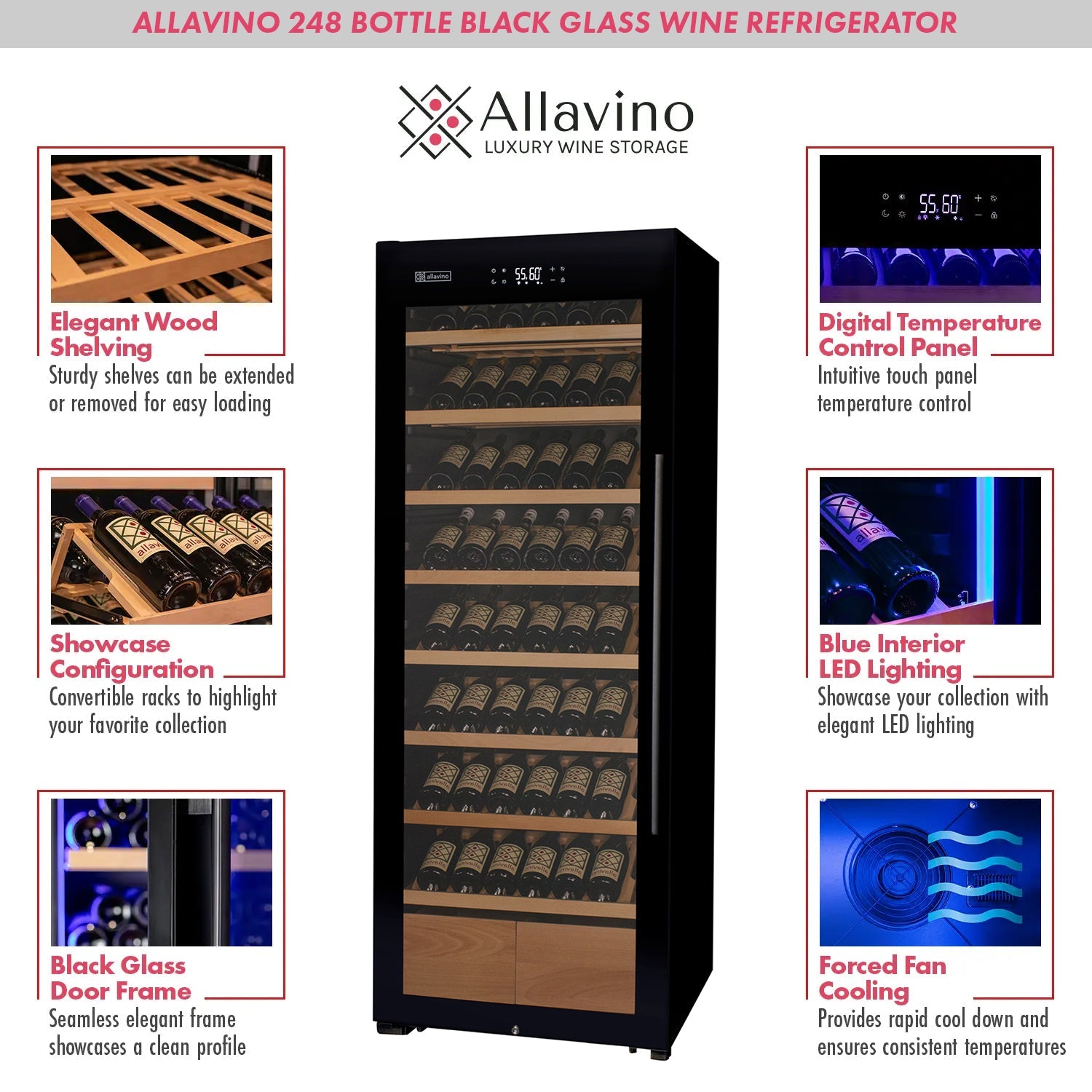 Allavino 29" Wide 248 Bottle Single Zone Black Glass Left Hinge Wine Refrigerator with Display Shelving AO KWR248S-1BGL