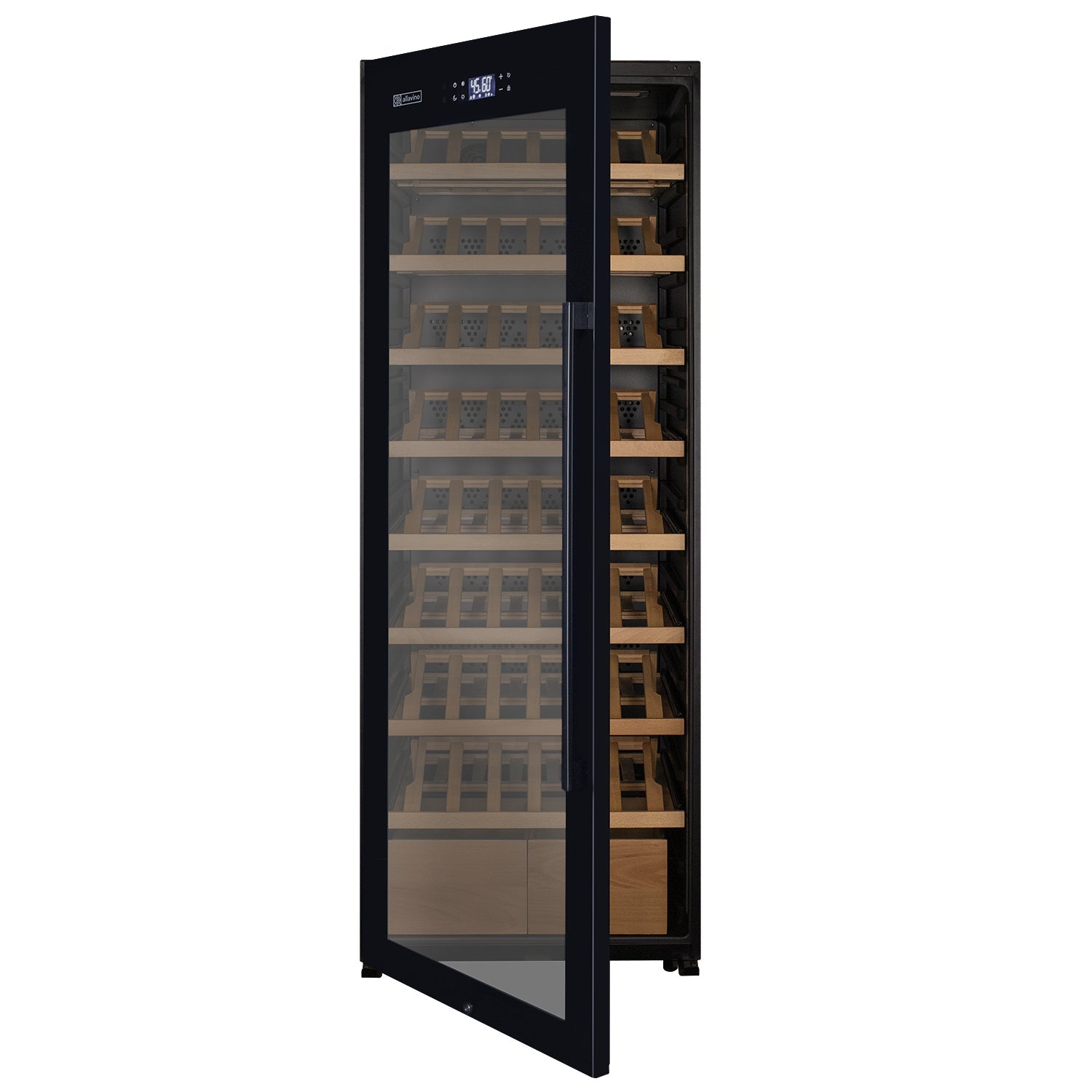 Allavino 29" Wide 248 Bottle Single Zone Black Glass Left Hinge Wine Refrigerator with Display Shelving AO KWR248S-1BGL