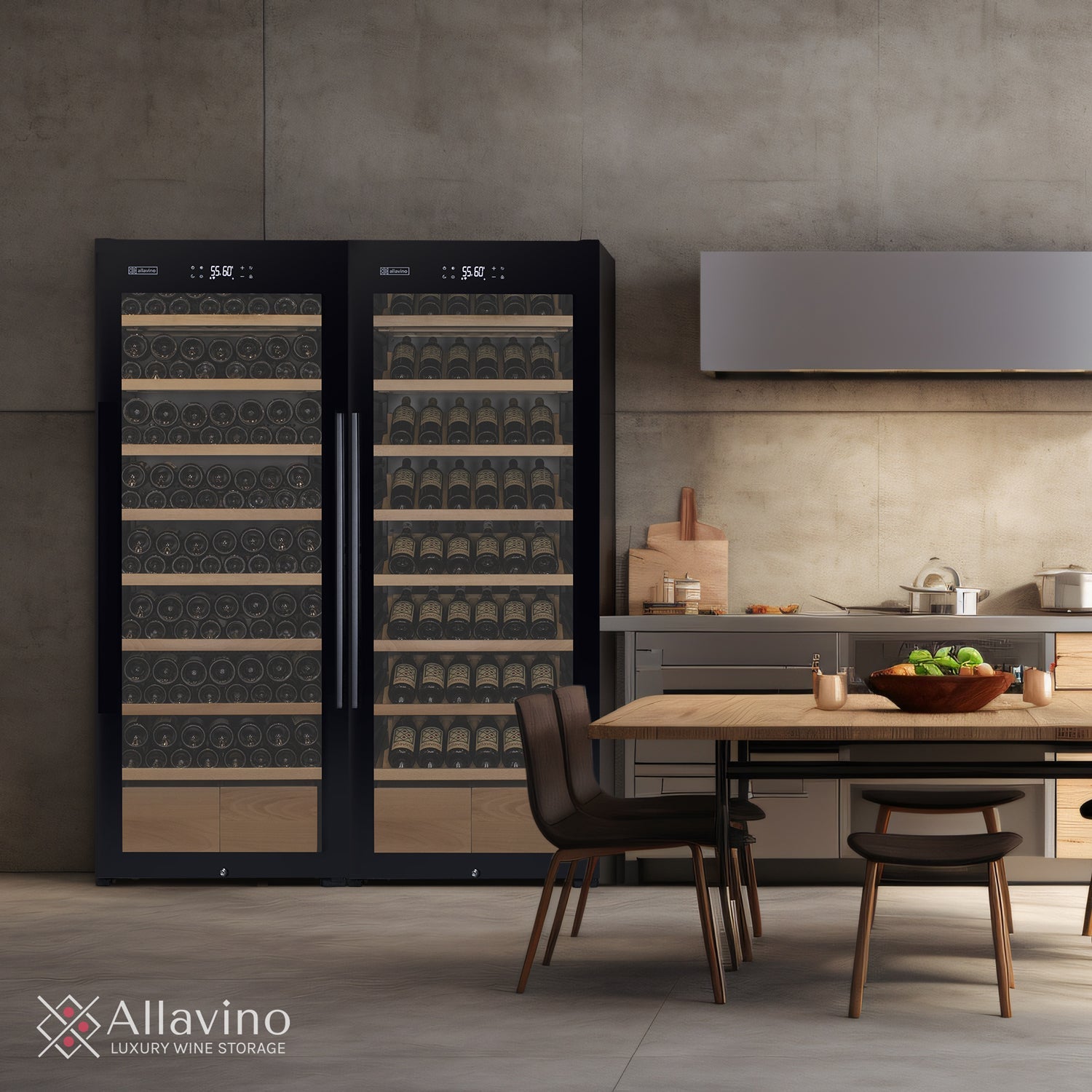 Allavino496 Bottle Dual Zone Black Glass Side-by-Side Wine Refrigerator with Display Shelving BF 2X-KWR248S-1BG