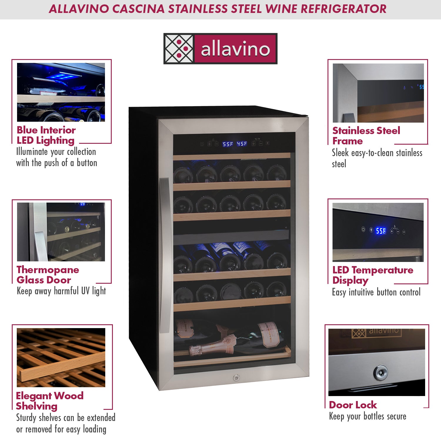 Allavino Cascina Series 28 Bottle Dual Zone Freestanding Wine Cooler Refrigerator with Stainless Steel Door  AO KWR28D-2SR