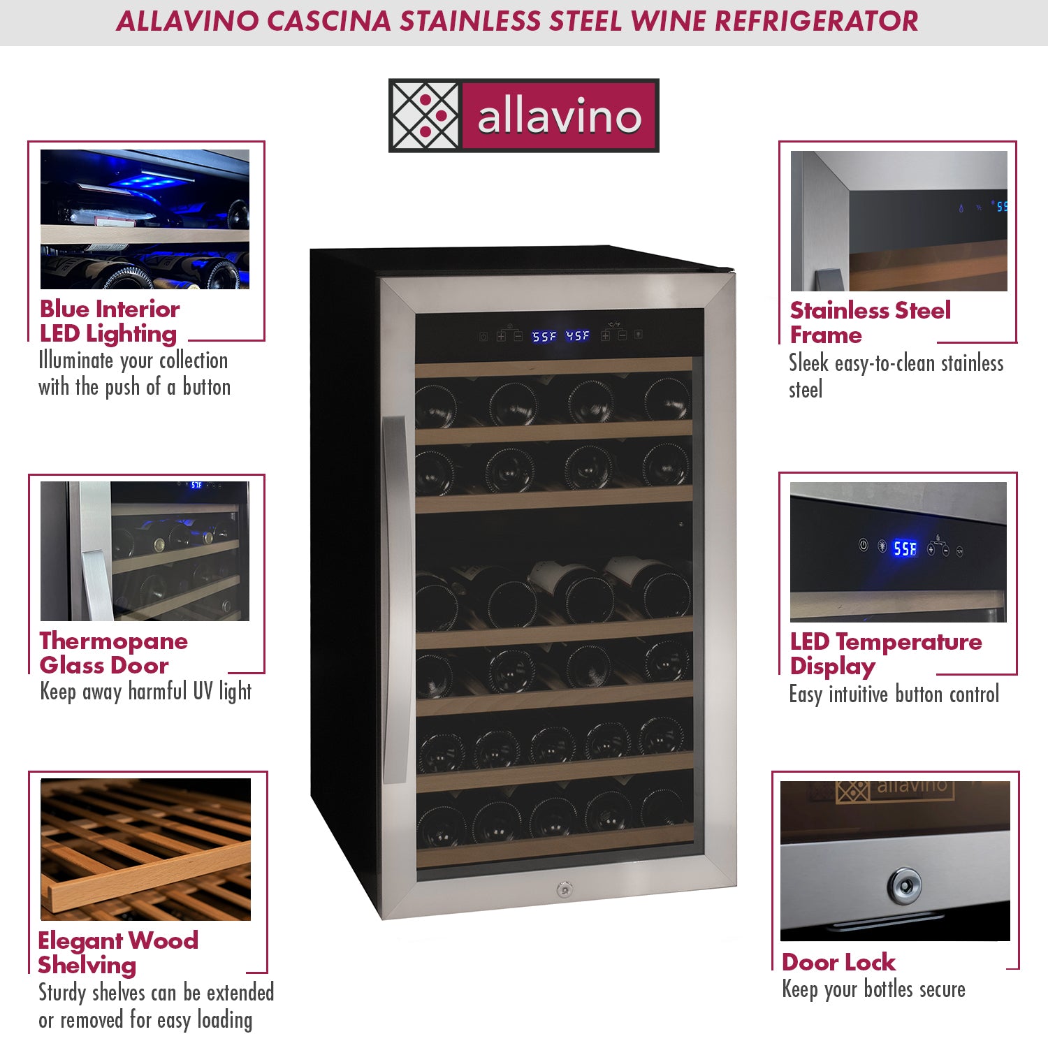 Allavino Cascina Series 43 Bottle Dual Zone Freestanding Wine Refrigerator Cooler with Stainless Steel Door AO KWR43D-2SR