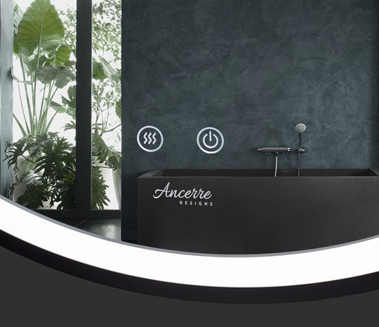 Ancerre Designs Sangle Round Led Mirror Black Framed Lighted Bathroom Vanity Mirror And Vegan Leather Strap