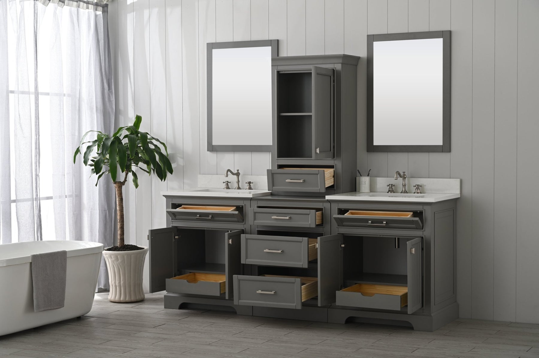 Design Element Milano 84" Modular Double Sink Vanity Set with White Quartz Top