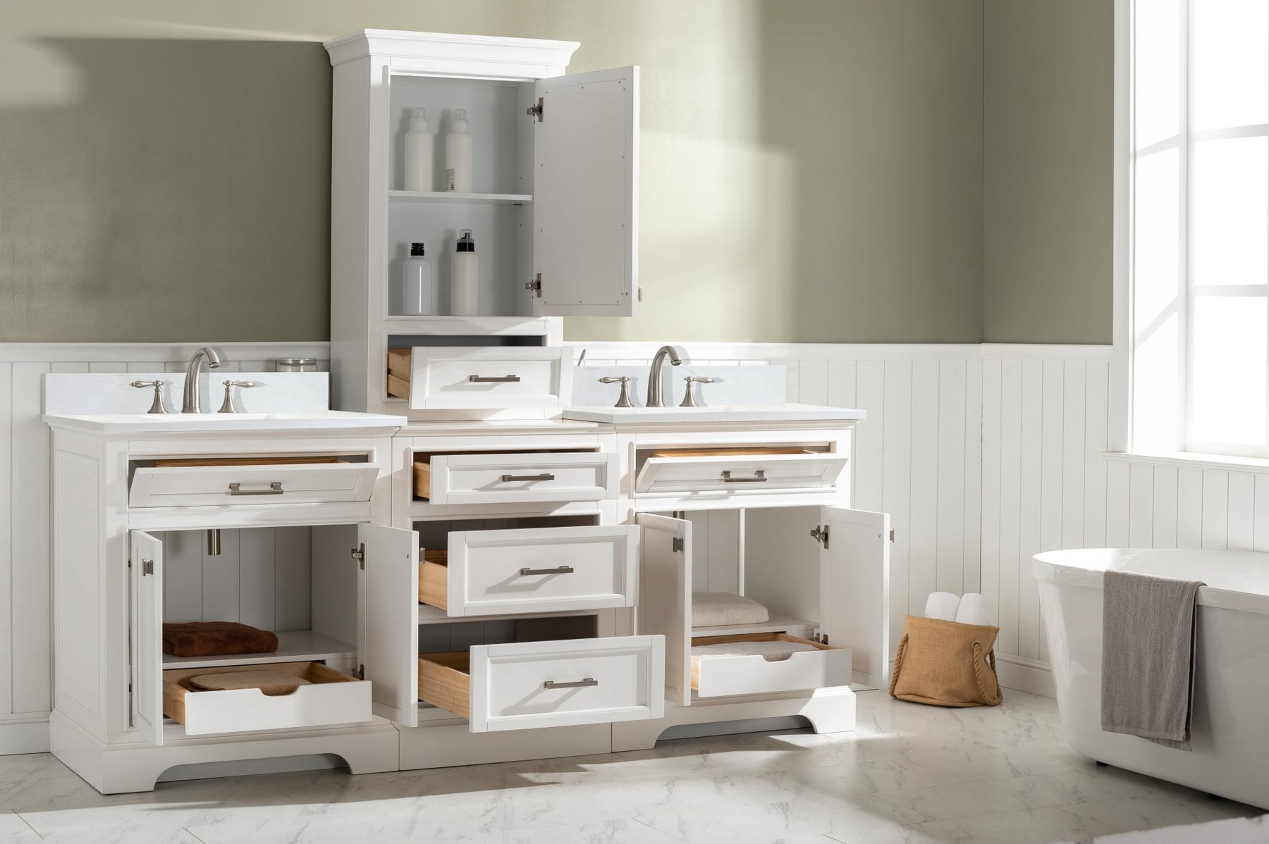 Design Element Milano 84" Modular Double Sink Vanity Set with White Quartz Top