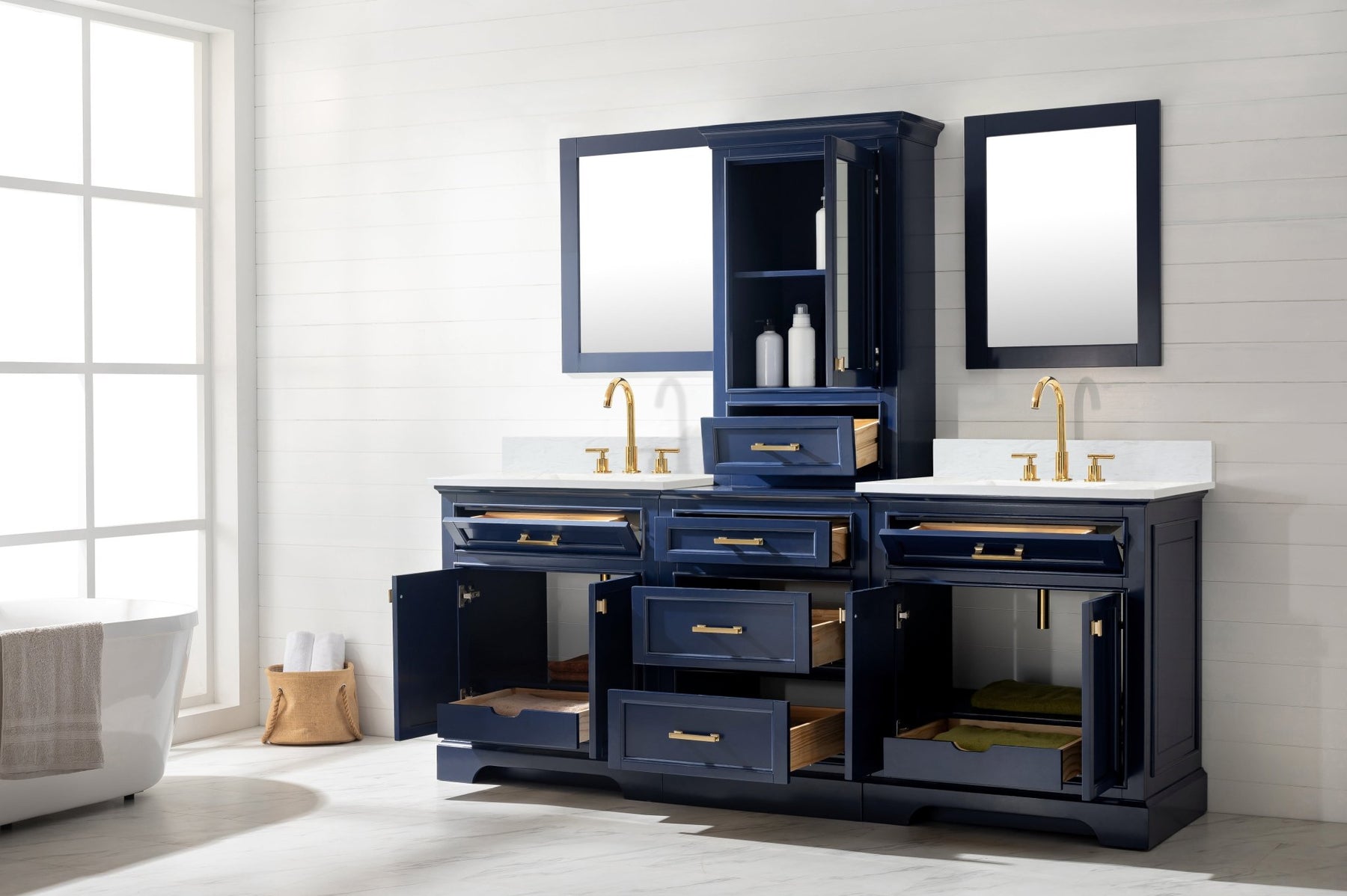 Design Element Milano 96" Modular Double Sink Vanity Set with White Quartz Top