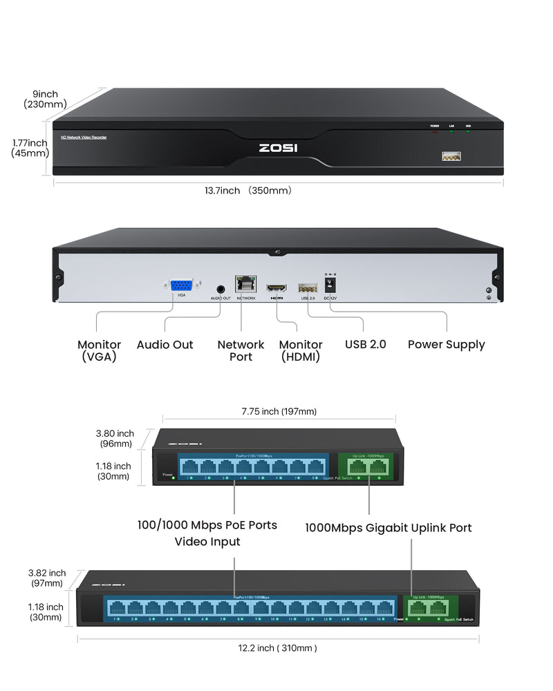 ZosiC182 32 Channel 4K PoE Security Camera System for Business +Up To 16TB HDD