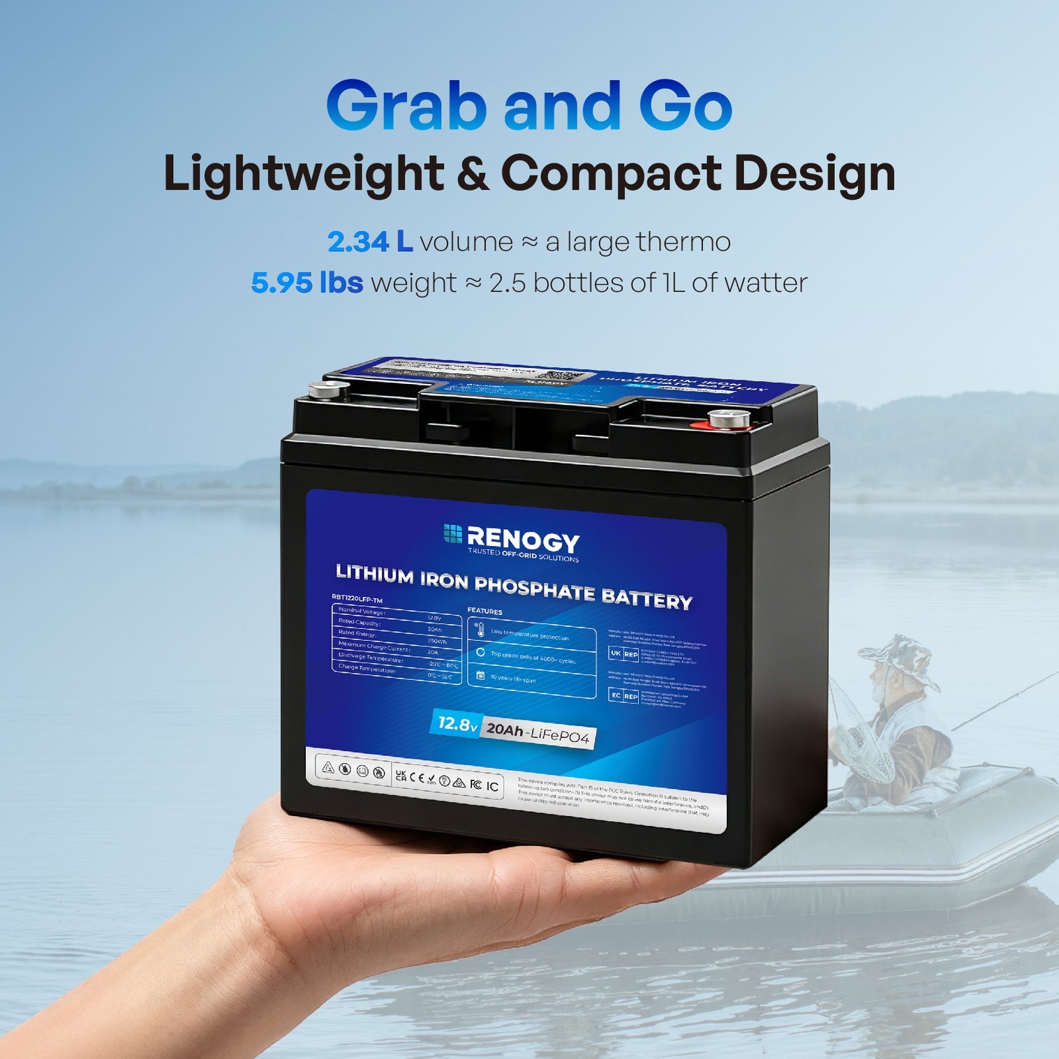 Renogy Mini Size 12V 20Ah Trolling Motor Lithium Iron Phosphate Battery RBT1220LFP-TM-US