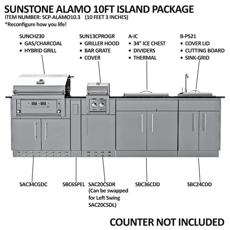 Sunstone THE ALAMO 10 Foot Outdoor Cabinet Island Package with Hybrid Grill – SCPALAMO10