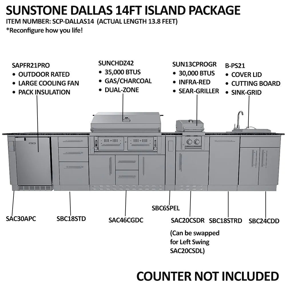 Sunstone THE DALLAS 14 Foot Outdoor Cabinet Island Package with the Largest Gas Hybrid Charcoal Grill – SCPDALLAS14