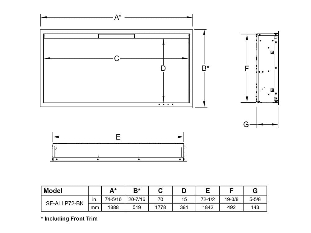 SimpliFire Allusion Platinum Wall Mount Electric Fireplace SF-ALLP72-BK