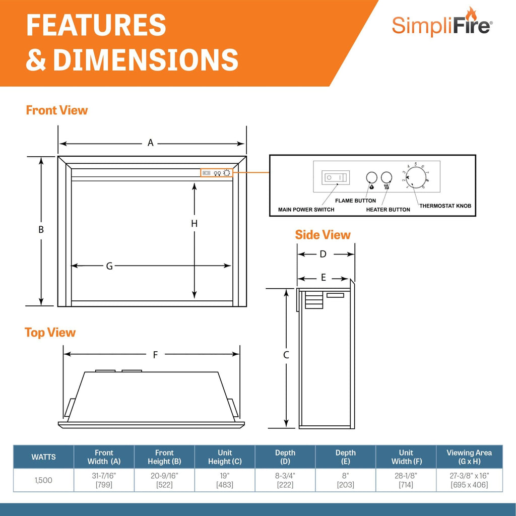 SimpliFire 32-In Built-In Electric Fireplace Insert with Large Surround Trim GI-32-ZC-LS