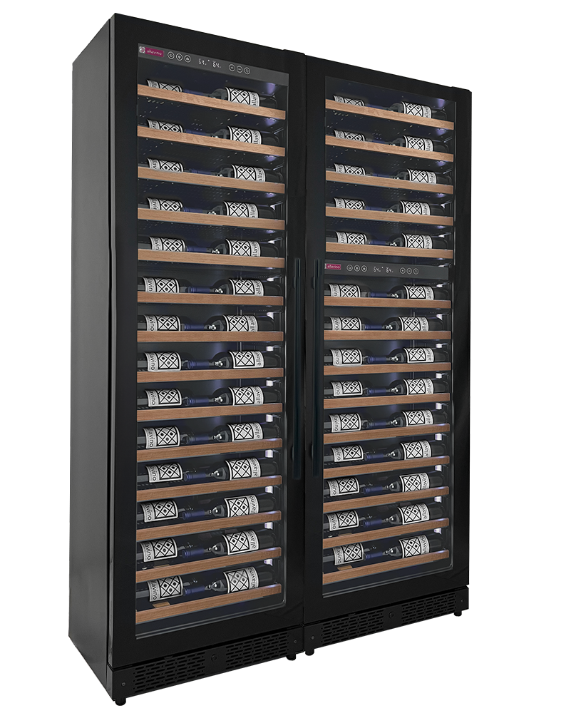 Allavino Reserva Series 134 Bottle 71" Tall Three Zone Black Side-by-Side Shallow Wine Refrigerator with Wood Front Shelves BF 3Z-VSW6771-W
