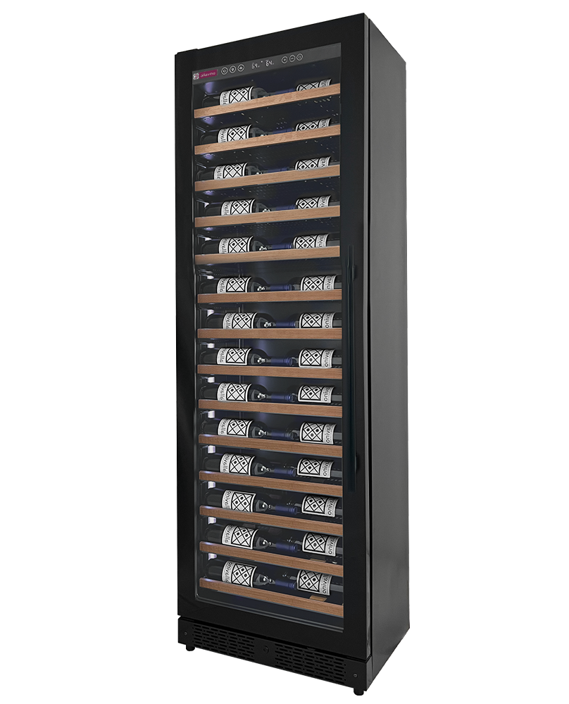 Allavino Reserva Series 67 Bottle 71" Tall Single Zone Left Hinge Black Shallow Wine Refrigerator with Wood Front Shelves AO VSW6771S-1BL-WD