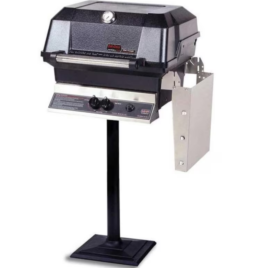 MHP JNR4DD Natural Gas Grill With Stainless Steel Shelves And Stainless Grids On In-Ground Post