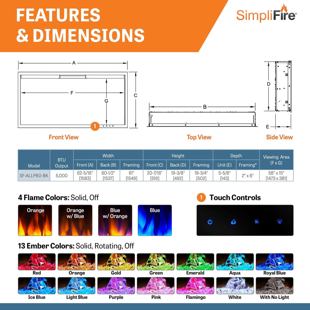 SimpliFire Allusion Platinum Wall Mount Electric Fireplace SF-ALLP60-BK