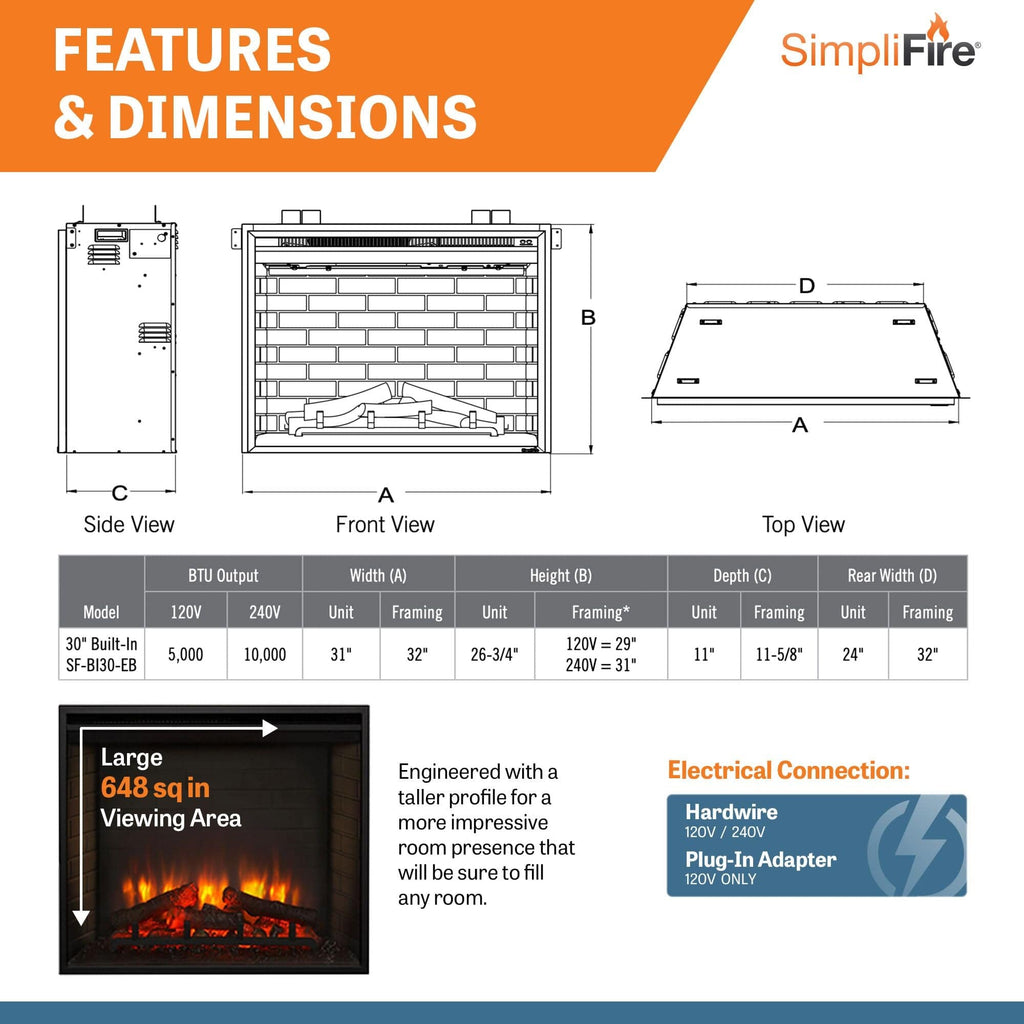 SimpliFire 30-In Built-In Electric Fireplace  SF-BI30-EB